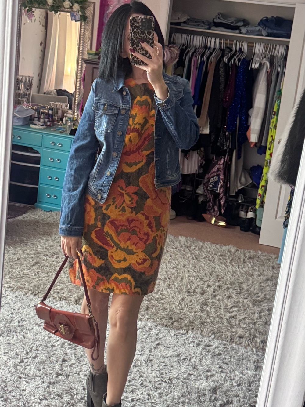 MSK Knit Floral Mini Sweater Dress in Orange and Olive